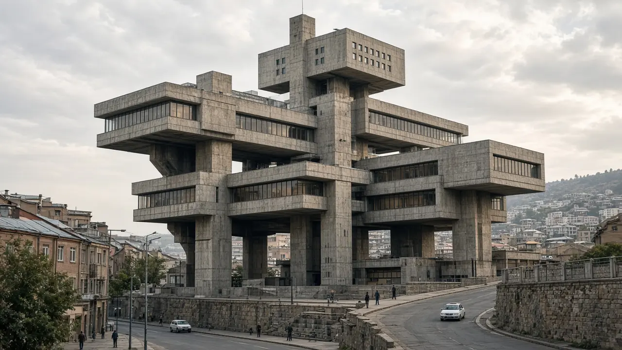 KI-Illustration: Ineinandergreifende Betonvolumen des ehemaligen Straßenbauministeriums in Tiflis