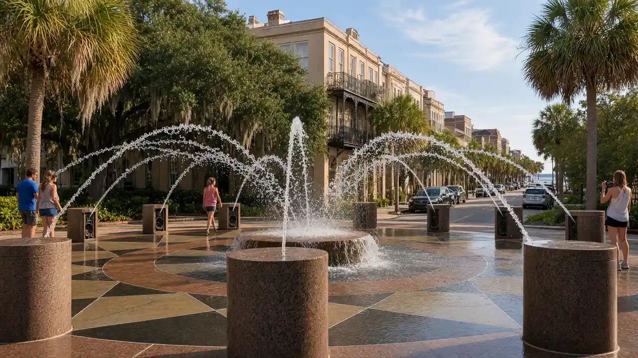 KI-Illustration: Brunnen im Waterfront Park in Charleston