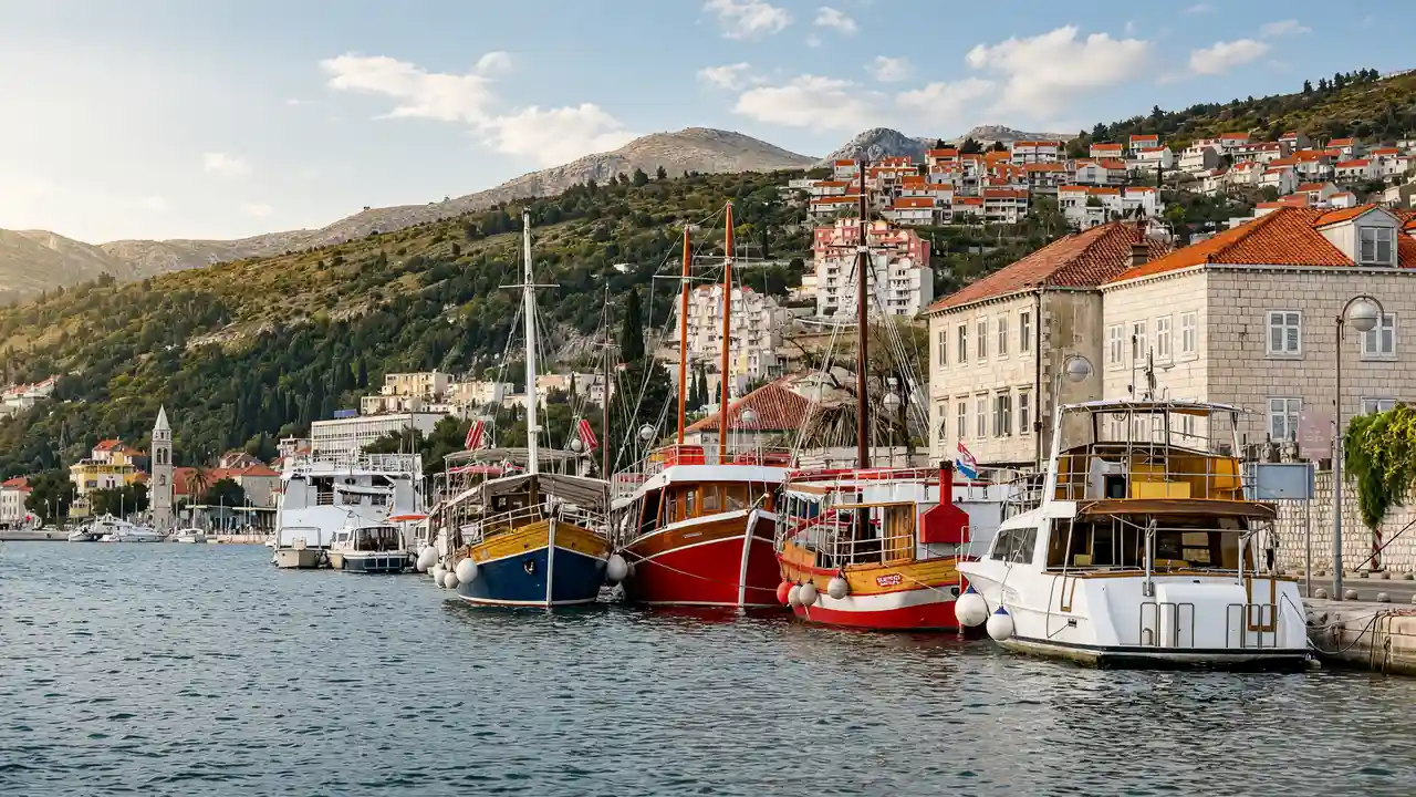 KI-Illustration: Boote im Hafen Gruž in Dubrovnik