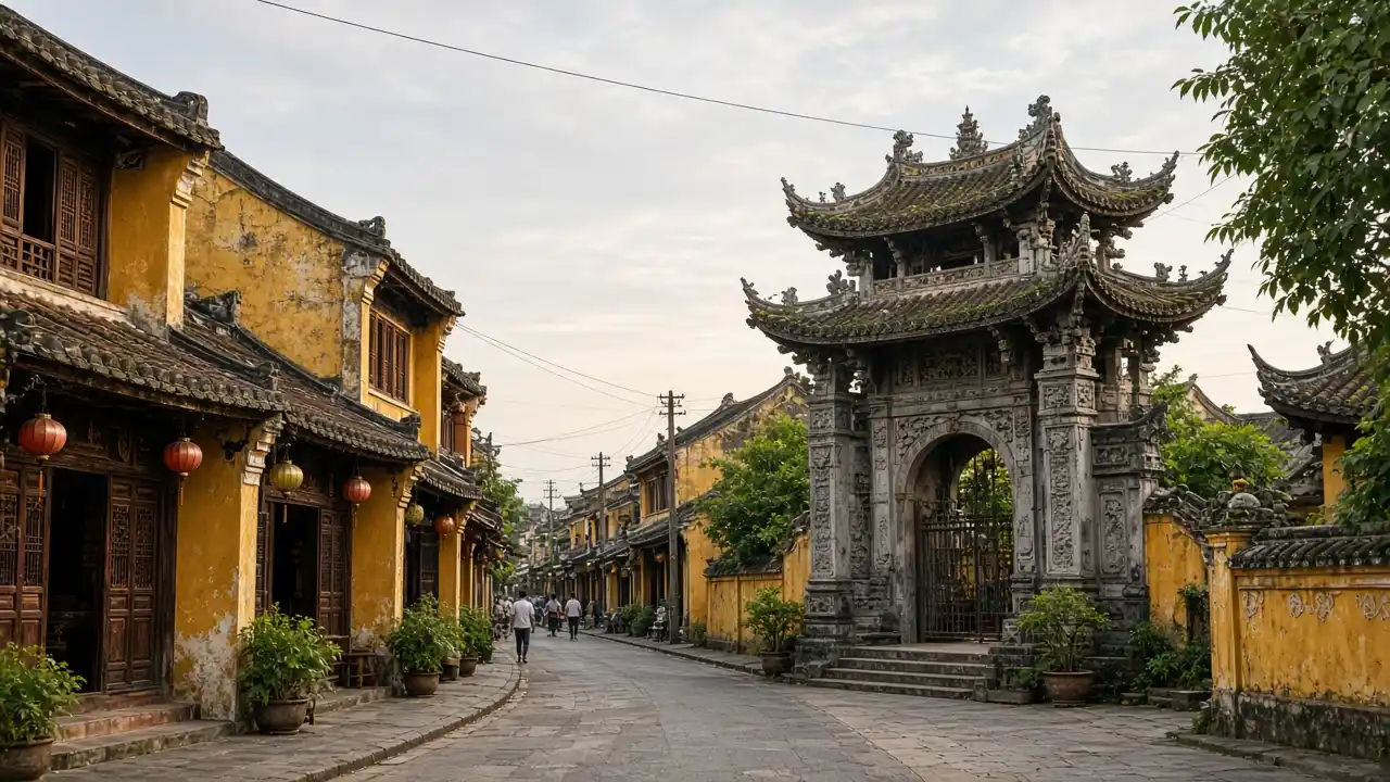 KI-Illustration: Gelbe Handelshausfassaden und Ziegeldächer an der Tran-Phu-Straße in Hoi An mit markantem Tor einer chinesischen Versammlungshalle