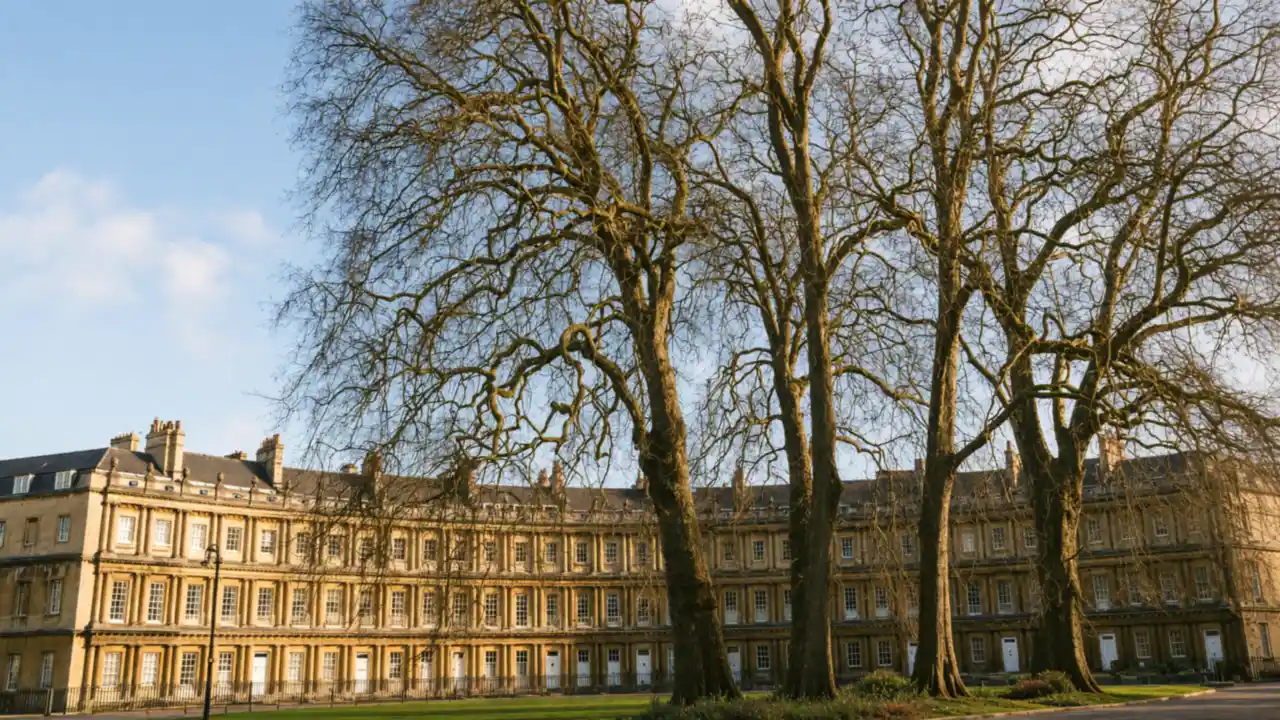 KI-Illustration: The Circus in Bath hinter alten Bäumen