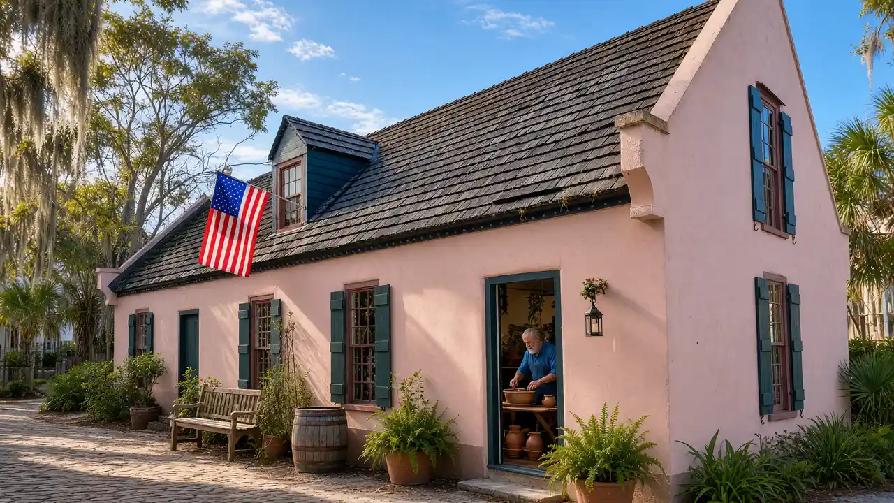 KI-Illustration: Historisches Haus an der St George Street in St. Augustine