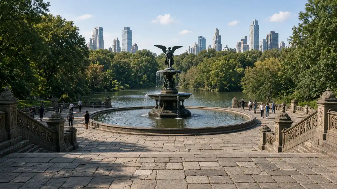 KI-Illustration: Bethesda-Brunnen und See im Central Park