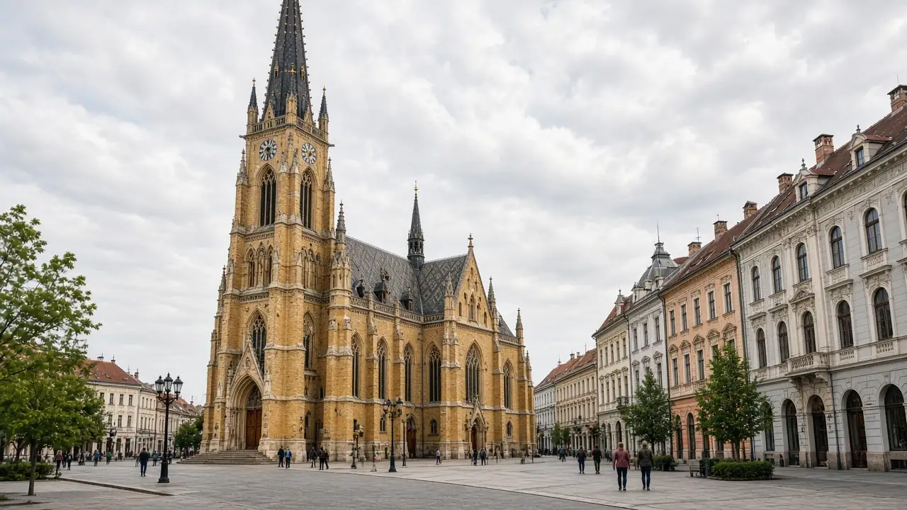 KI-Illustration: Mariä-Namen-Kirche und Fassaden am Freiheitsplatz in Novi Sad