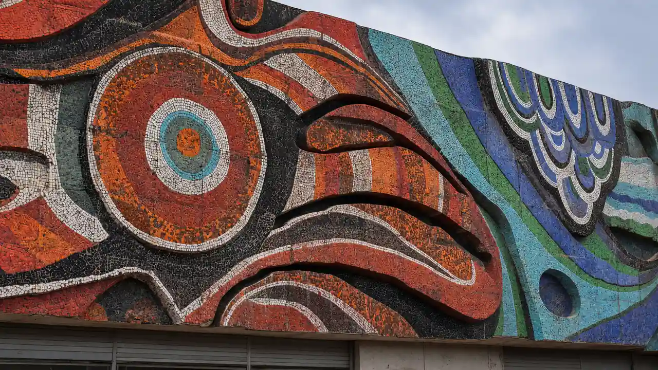 KI-Illustration: Mosaikfassade des Laguna-Vere-Komplexes in Tiflis