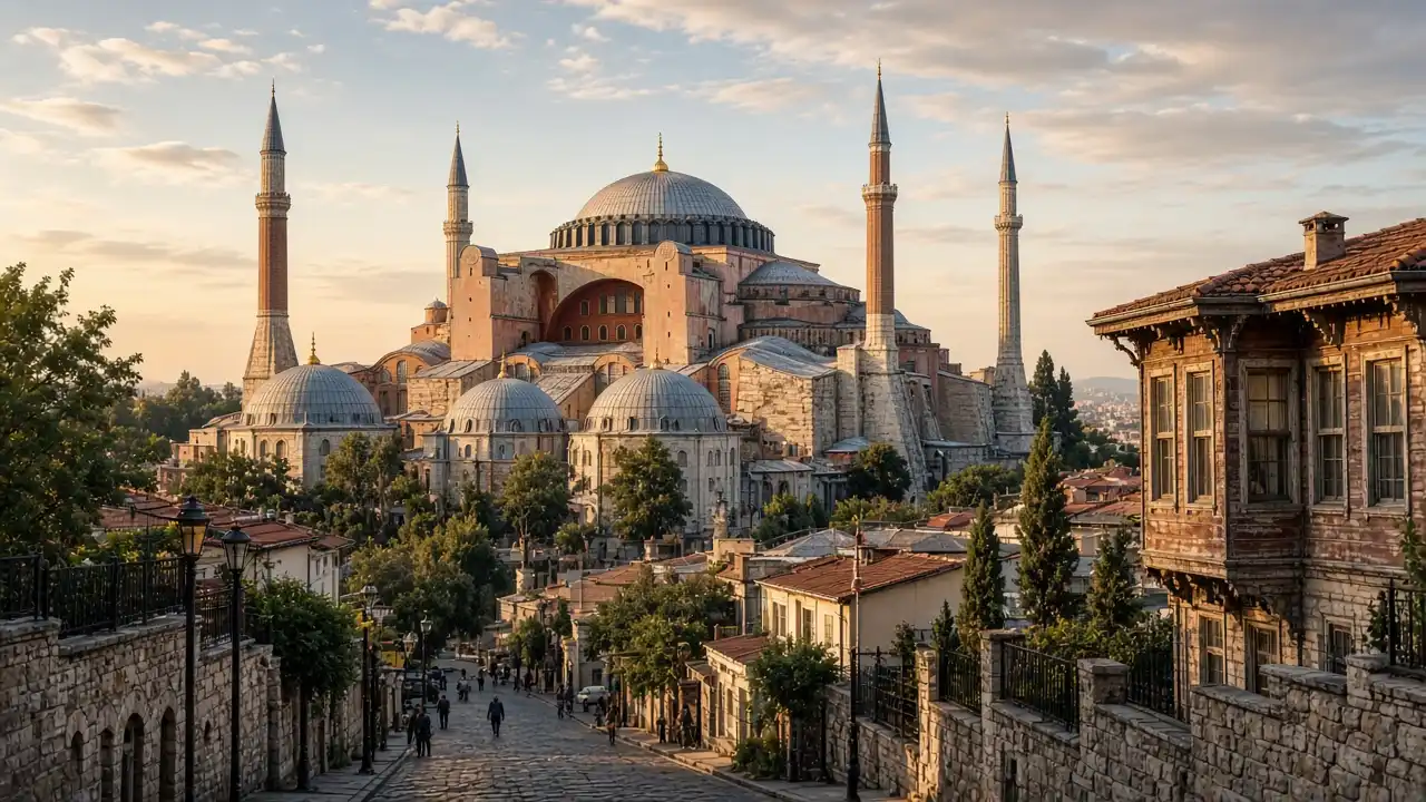 KI-Illustration: Hagia Sophia und die historische Stadtsilhouette von Sultanahmet