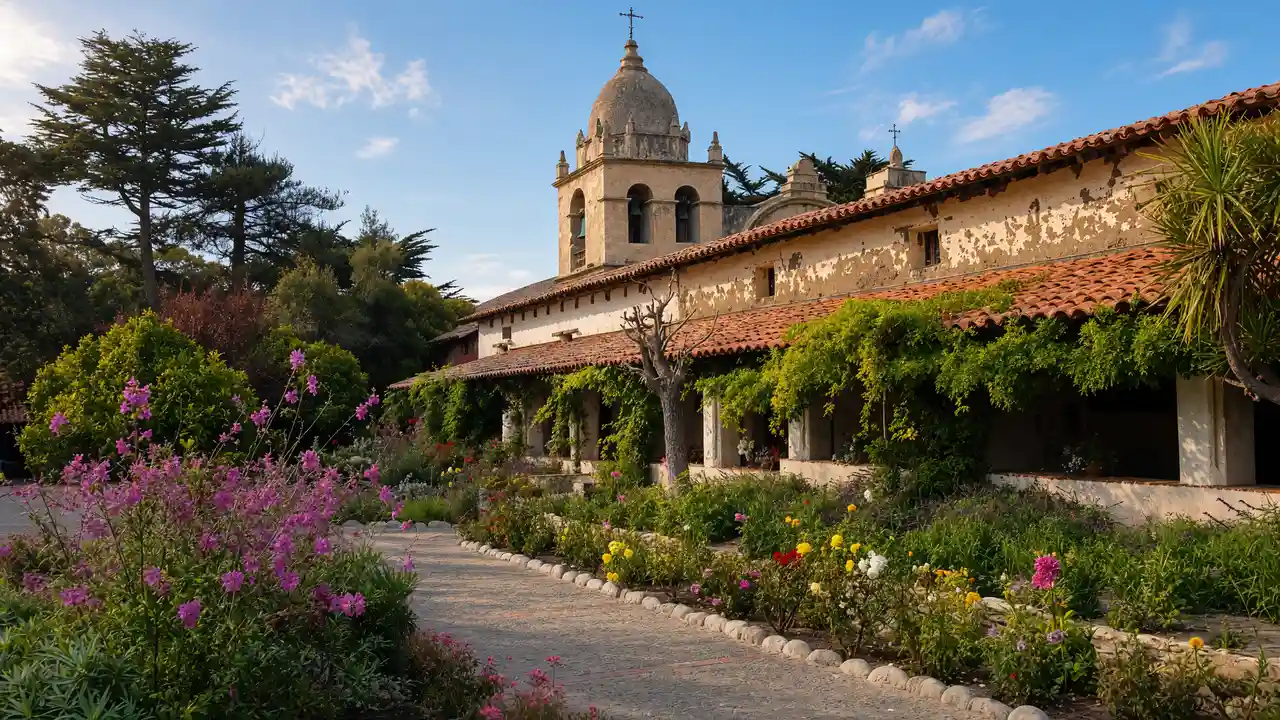 KI-Illustration: Innenhof und Glockenturm der Carmel Mission