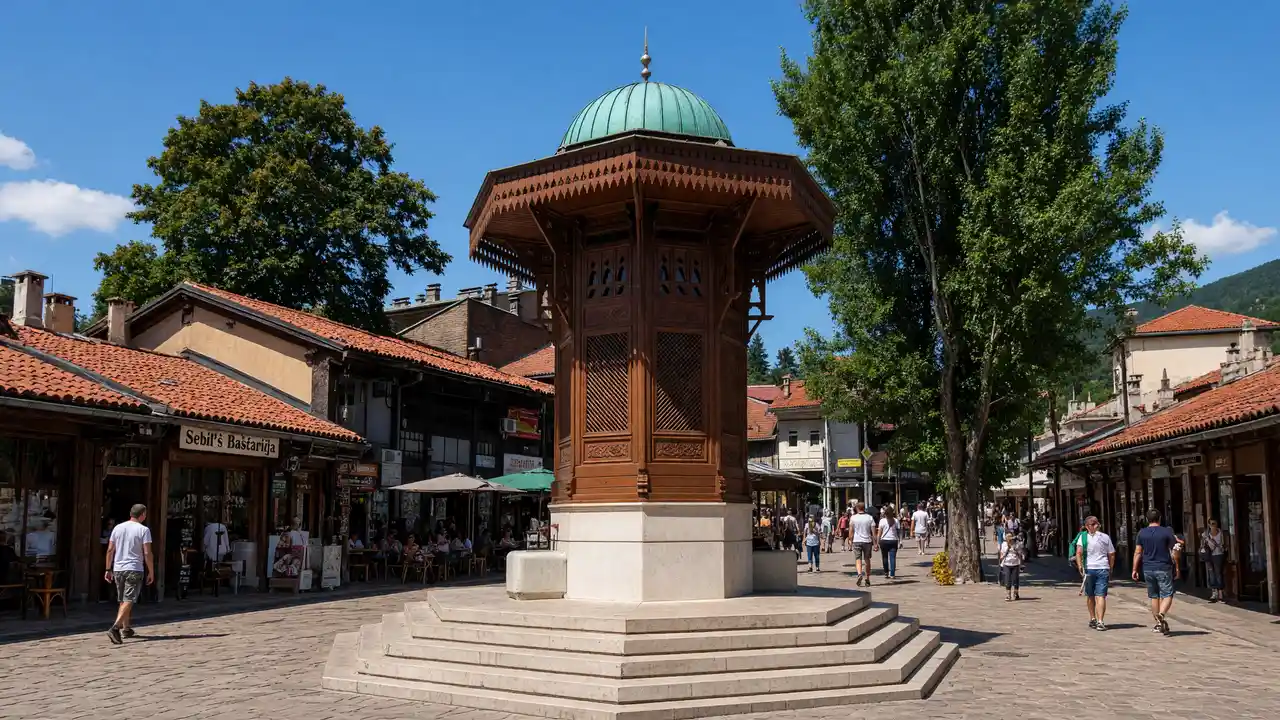 KI-Illustration: Sebilj und alte Marktgebäude der Baščaršija in Sarajevo