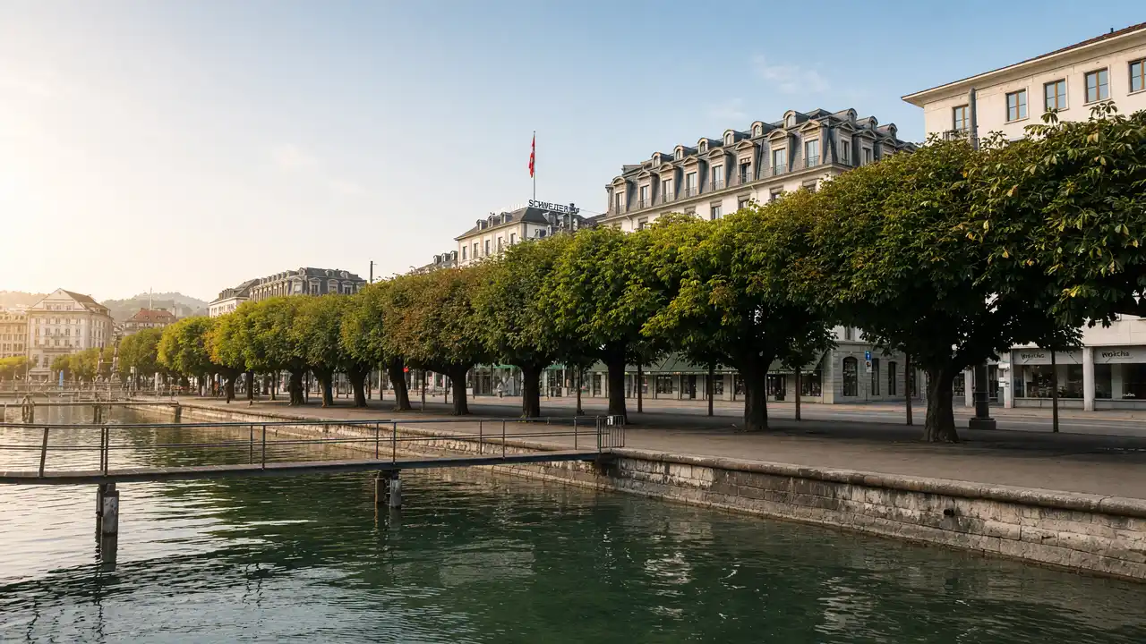 KI-Illustration: Baumgesäumter Nationalquai in Luzern