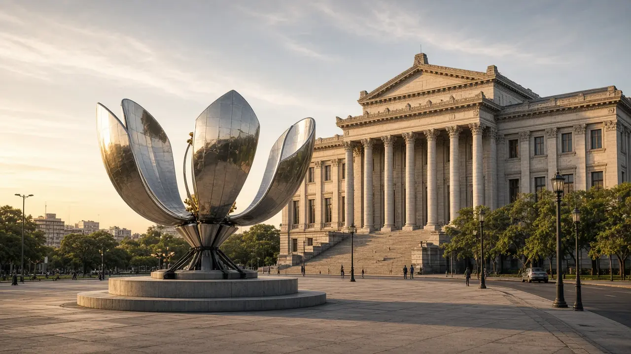 KI-Illustration: Riesige Stahlblume Floralis Genérica in Buenos Aires mit monumental gestaltetem Gebäude der juristischen Fakultät im Hintergrund in Recoleta, Schwerpunkt Architektur