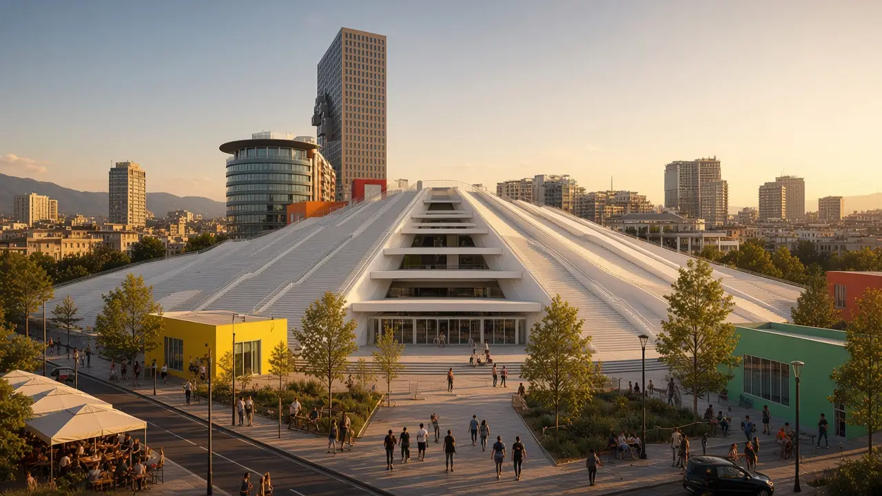 KI-Illustration: Renovierte Pyramide von Tirana und umliegende Stadtblöcke