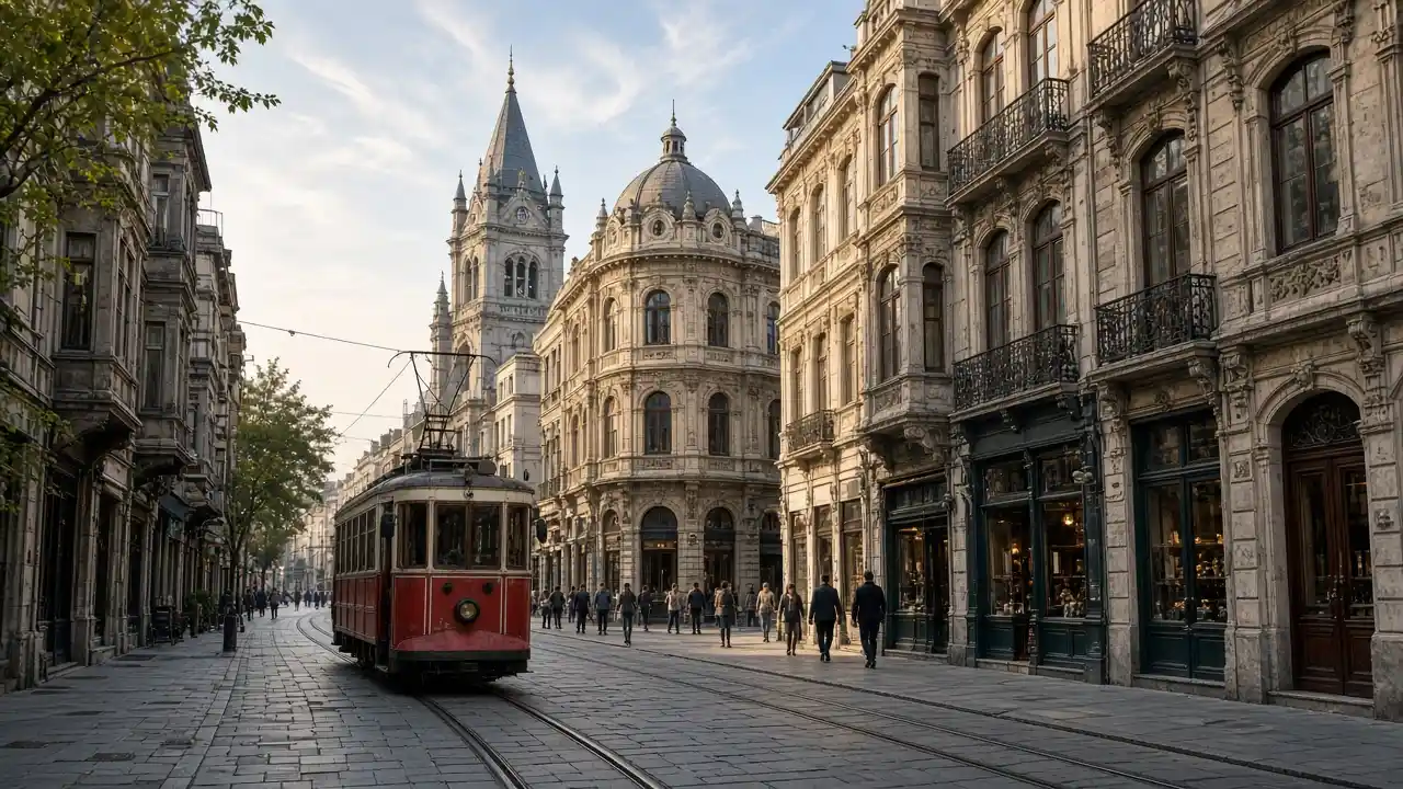 KI-Illustration: Historische Fassaden und rote Straßenbahn auf der İstiklal-Straße in Istanbul
