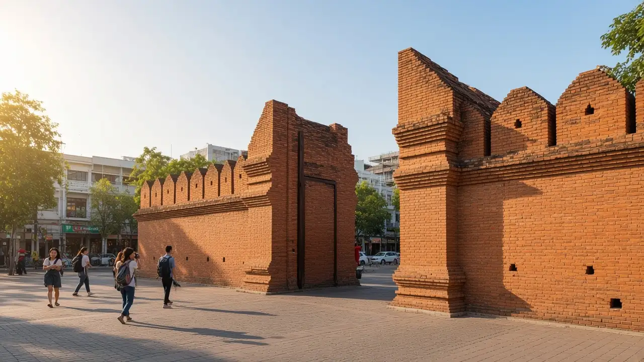 KI-Illustration: Rotes Backsteintor Tha Phae in Chiang Mai mit gepflastertem Stadtplatz und deutlich sichtbaren historischen Stadtmauern