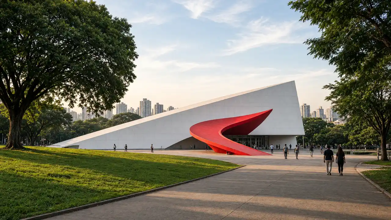 KI-Illustration: Weißes Auditorium mit rotem Vordach im Ibirapuera-Park
