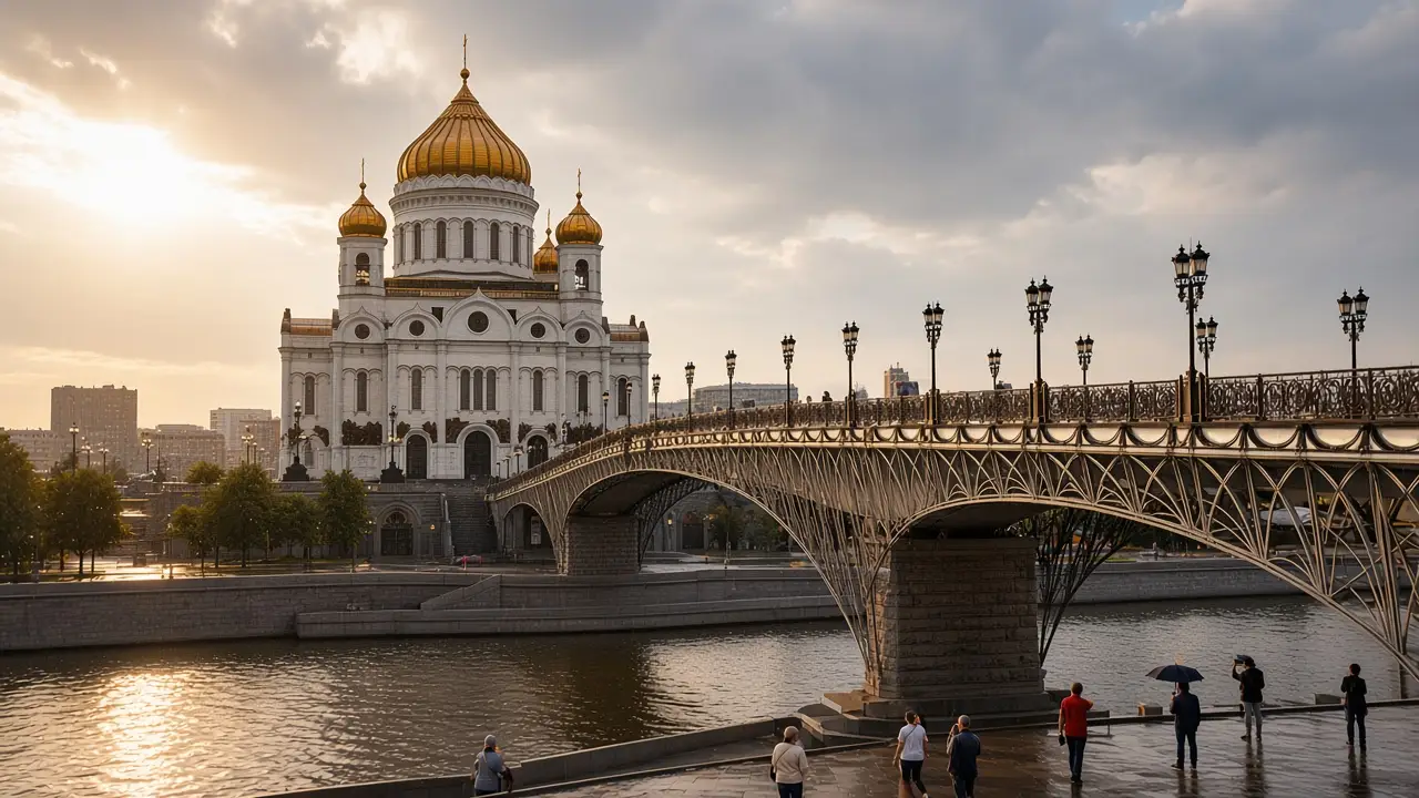 KI-Illustration: Christ-Erlöser-Kathedrale und Patriarchenbrücke in Moskau