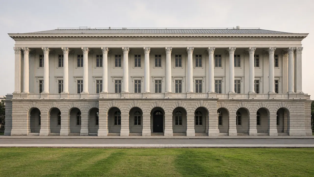 KI-Illustration: Fassade des ehemaligen Rathauses an der National Gallery Singapore