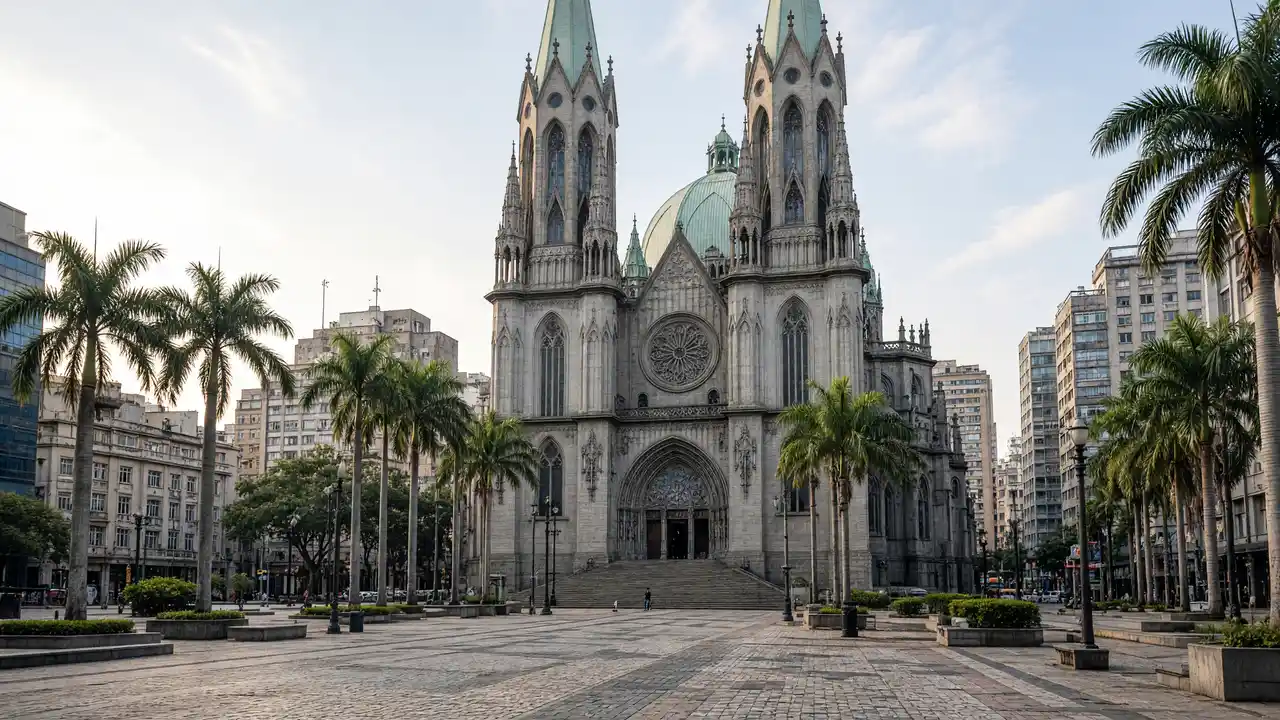 KI-Illustration: Sé-Kathedrale und ihr Platz im Zentrum von São Paulo
