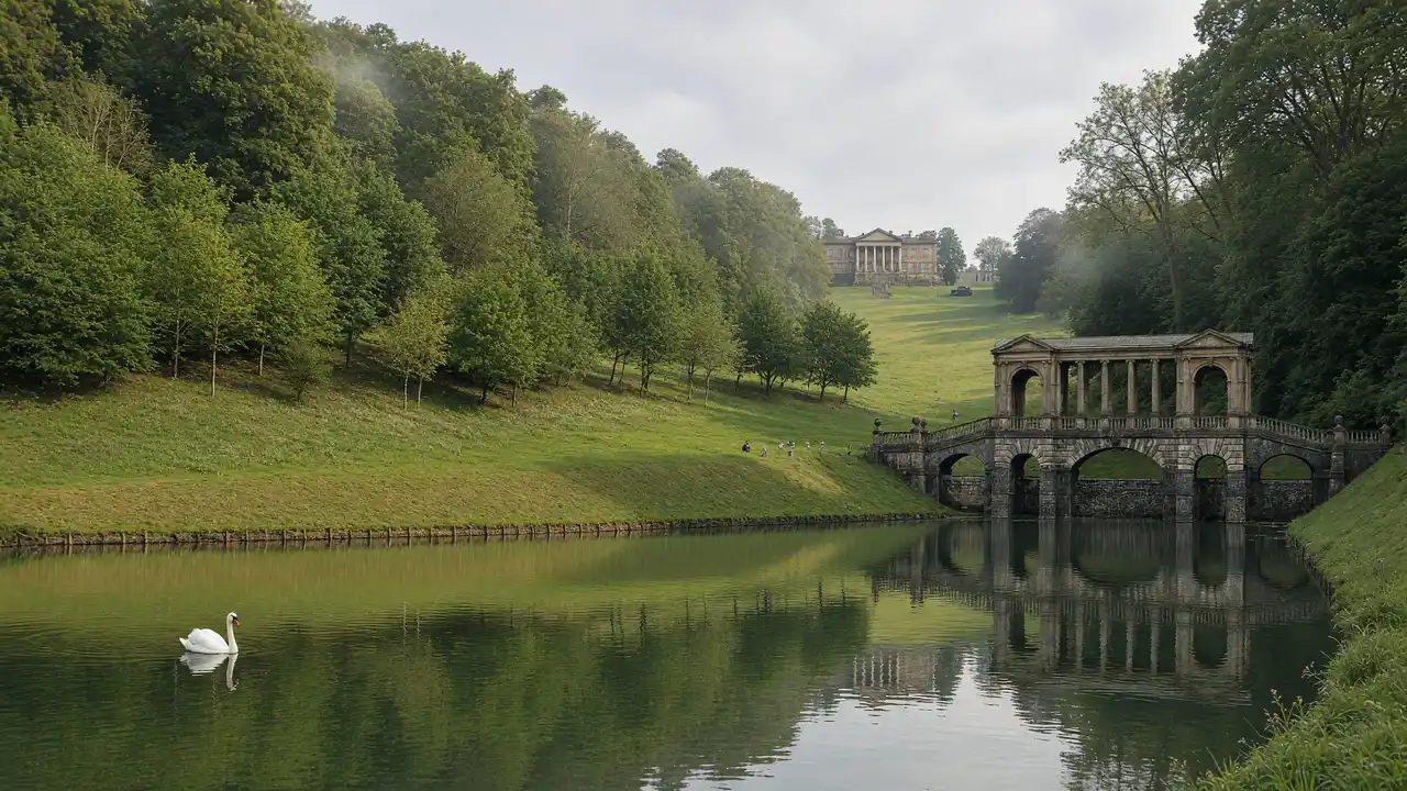 KI-Illustration der Palladianischen Brücke im Prior Park in Bath