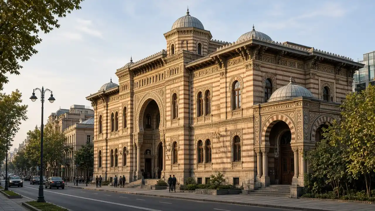 KI-Illustration: Oper Tiflis und Straßenfassaden am Rustaweli-Prospekt