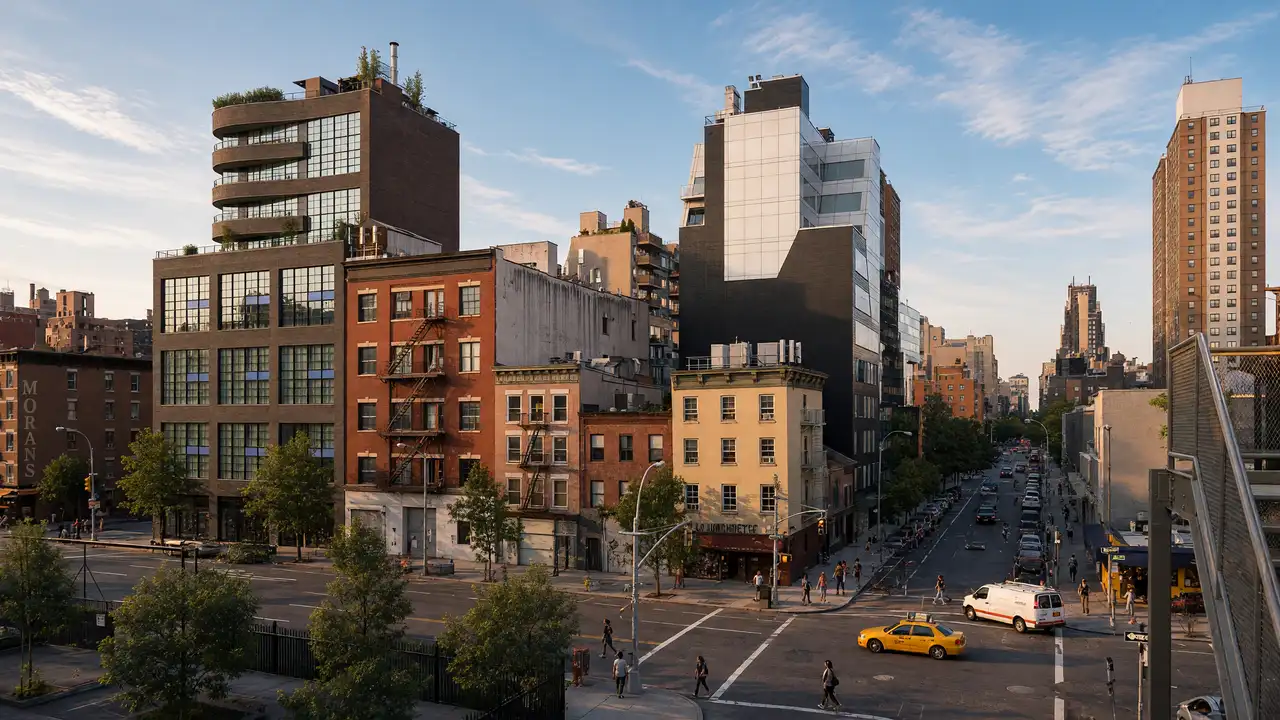 KI-Illustration: Whitney Museum und umliegende Straßen in Manhattan