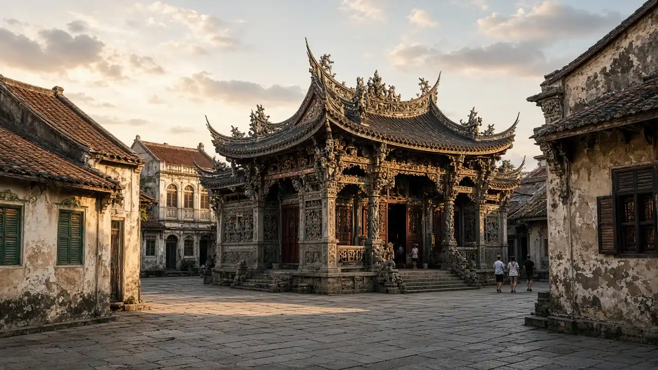 KI-Illustration: Khoo-Kongsi-Clanhaus in George Town auf Penang mit reich geschnitztem Dach und Innenhof zwischen historischen Stadtgebäuden
