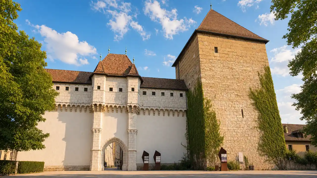 KI-Illustration: Eingang und Steintürme des Schlosses Annecy