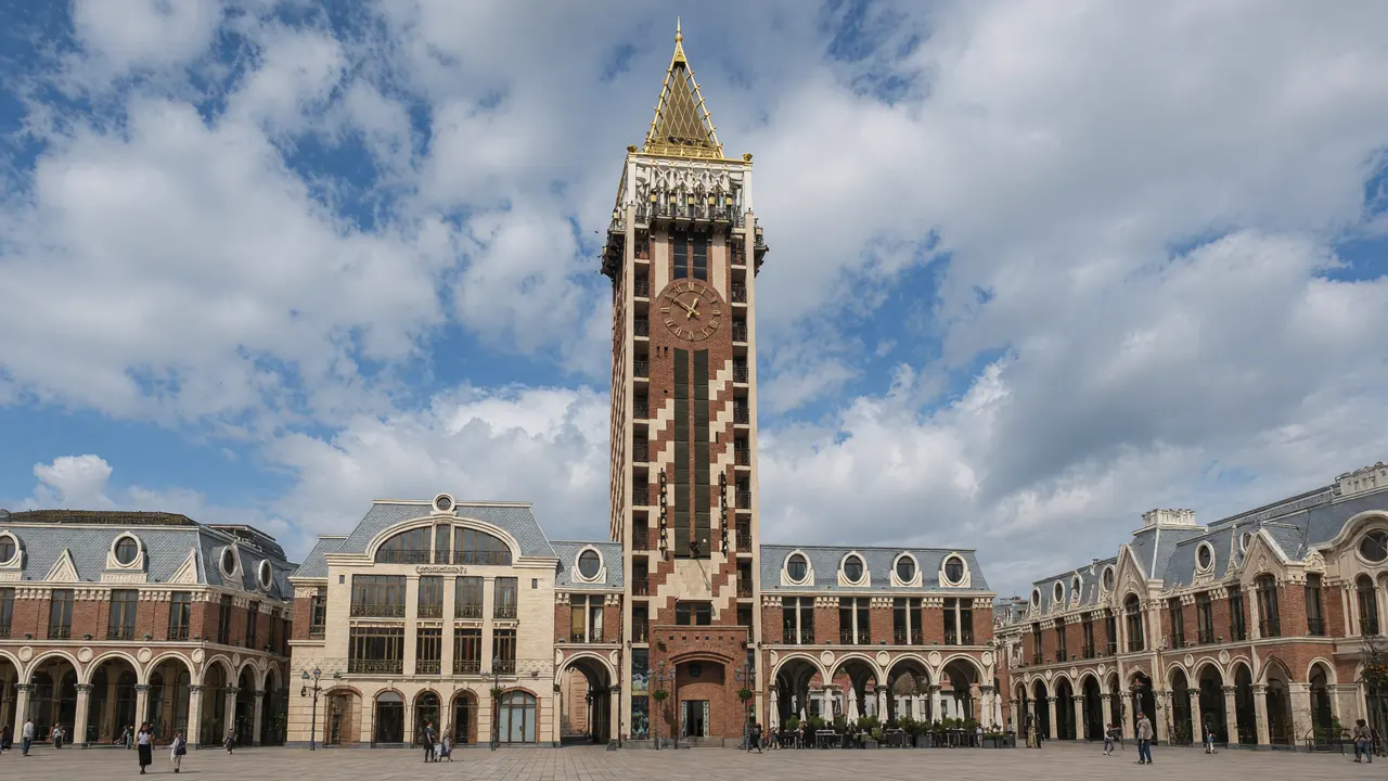KI-Illustration: Piazza Batumi mit Uhrturm und umliegenden Fassaden