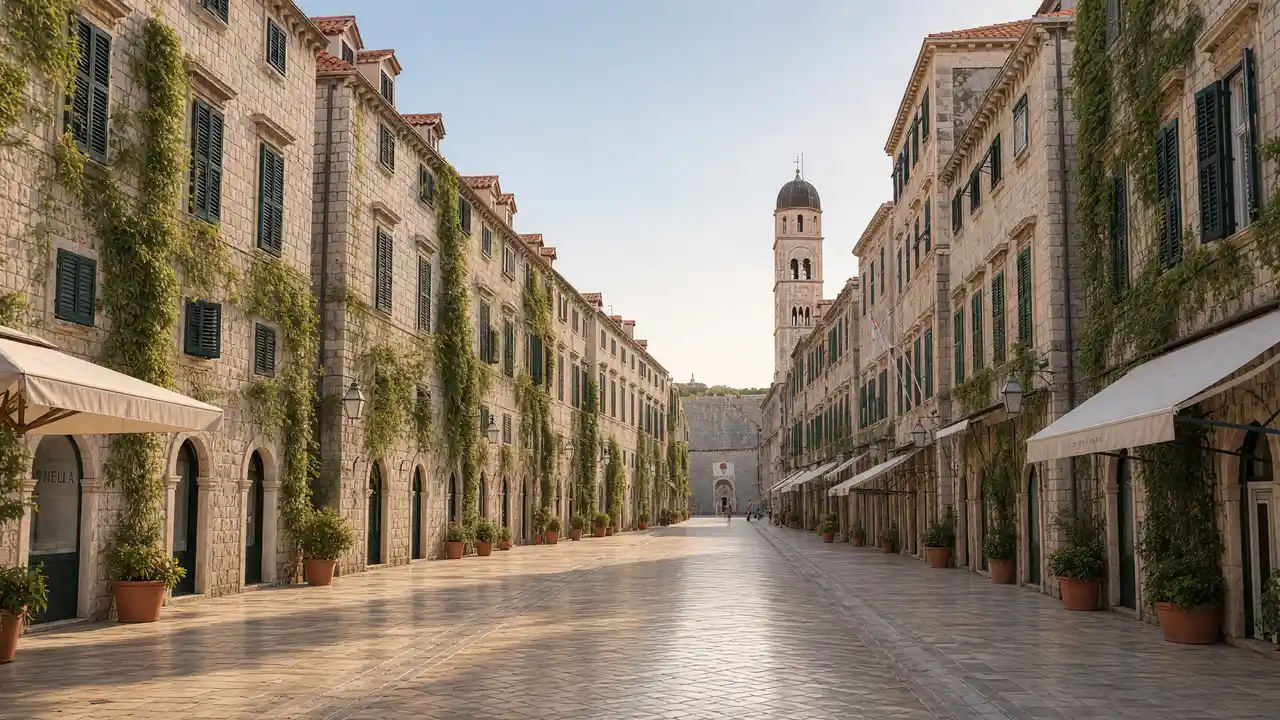 KI-Illustration: Stradun und Glockenturm in Dubrovnik
