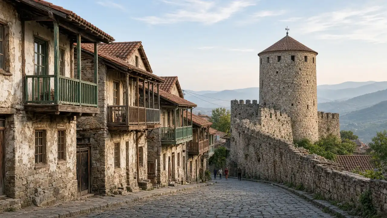 KI-Illustration: Häuser mit Balkonen und ein östlicher Mauerturm in Sighnaghi