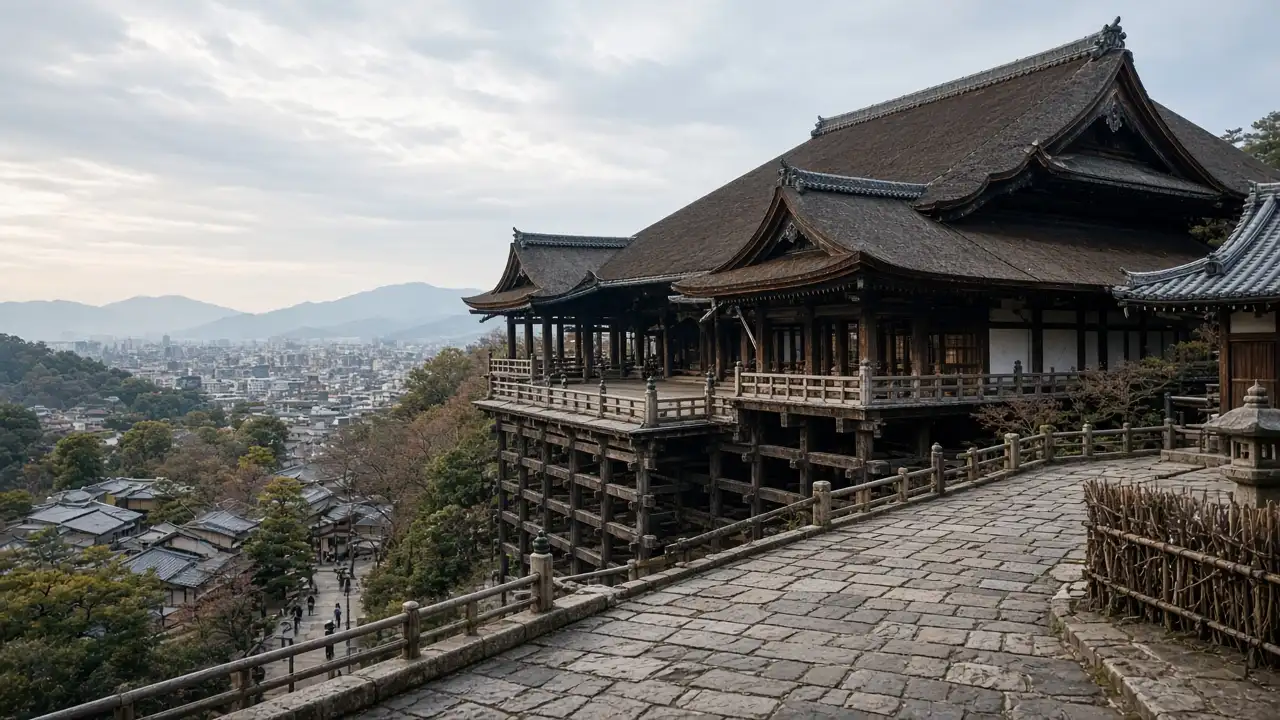 KI-Illustration: Große Holzbühne und Haupthalle des Kiyomizu-dera in Kyoto aus einer realistischen Terrassenperspektive, dahinter Stadtdächer