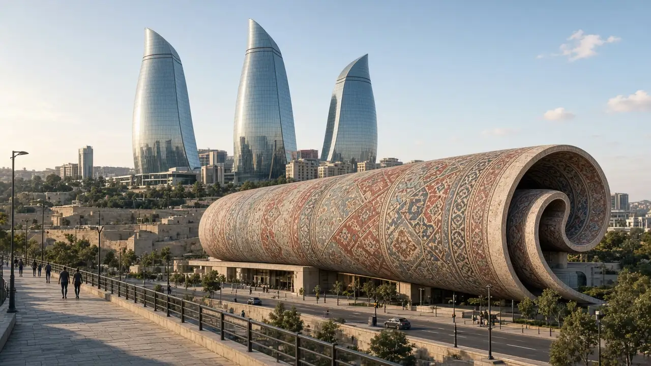 KI-Illustration: Teppichmuseum und Flame Towers in Bakus Stadtsilhouette