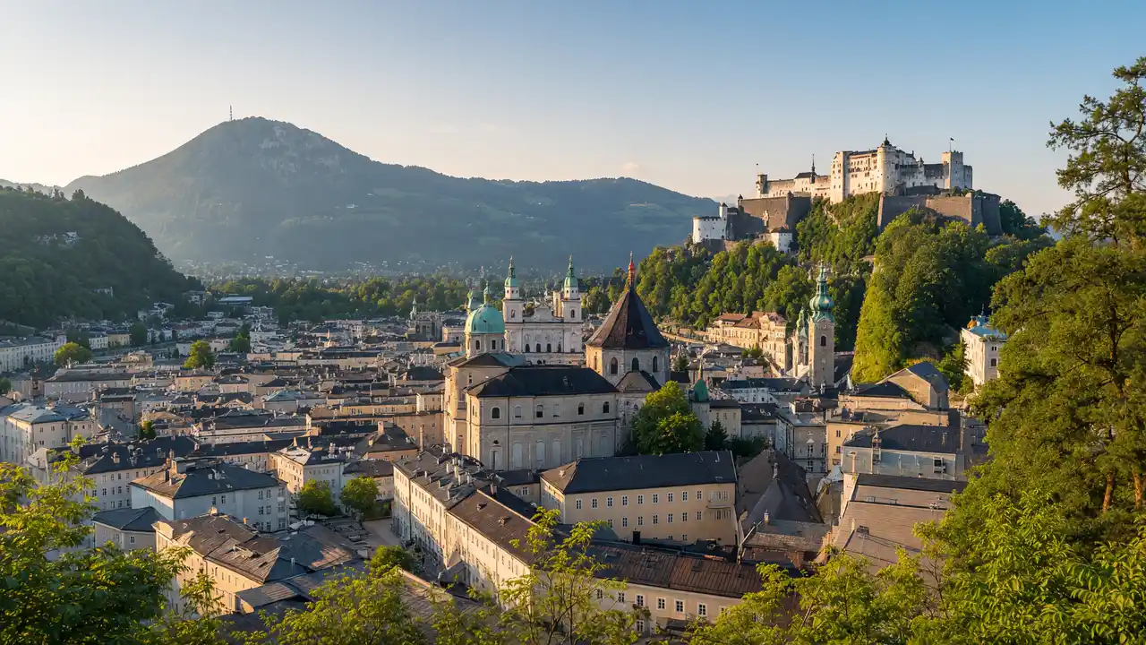 KI-Illustration: Salzburger Dächer vom Mönchsberg aus