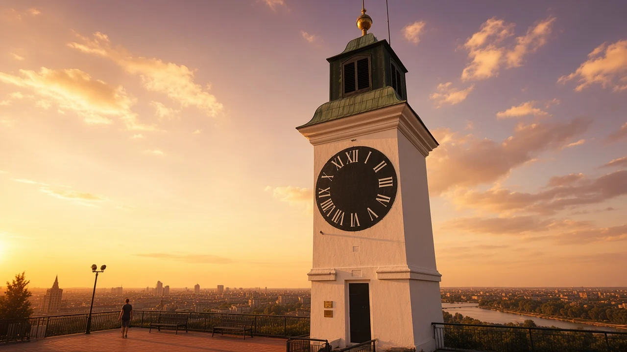 KI-Illustration: Uhrturm von Petrovaradin und Brücke Richtung Novi Sad