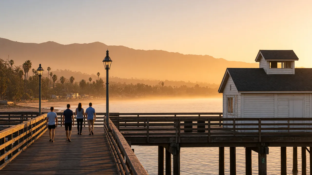 KI-Illustration: Stearns Wharf bei Sonnenaufgang in Santa Barbara