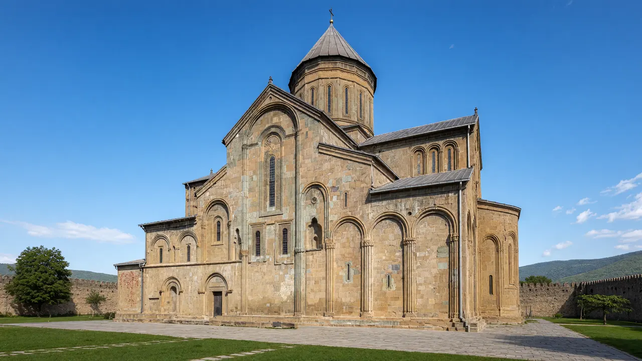 KI-Illustration: Steinfassaden der Swetizchoweli-Kathedrale in Mzcheta