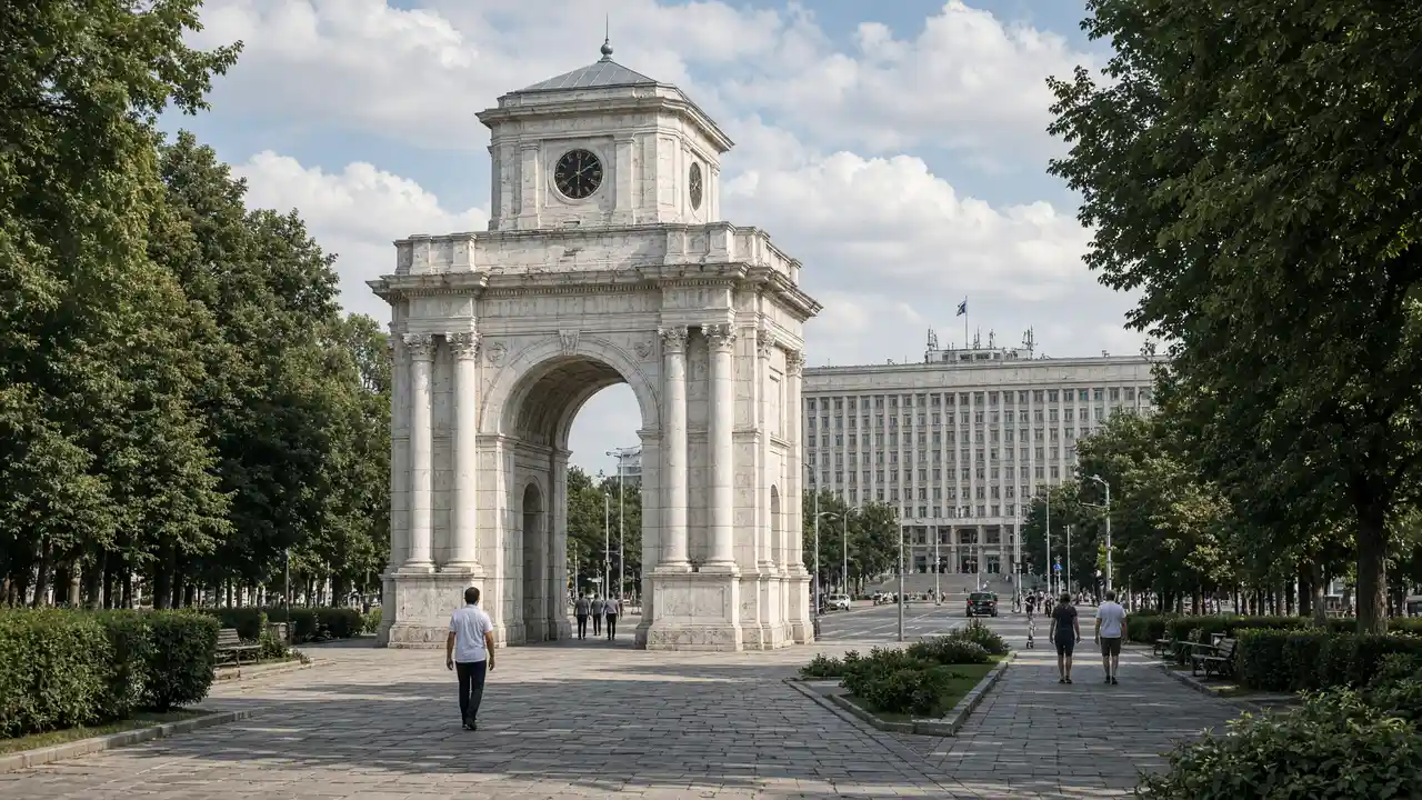 KI-Illustration: Triumphbogen und Regierungsgebäude in Chișinău
