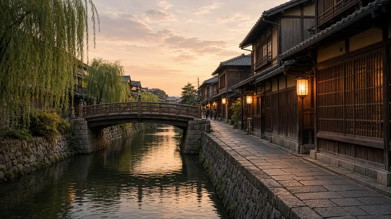KI-Illustration: Shirakawa-Kanal in Gion, Kyoto, mit traditionellen hölzernen Machiya-Häusern nahe der Tatsumi-Brücke und Laternen in der Dämmerung