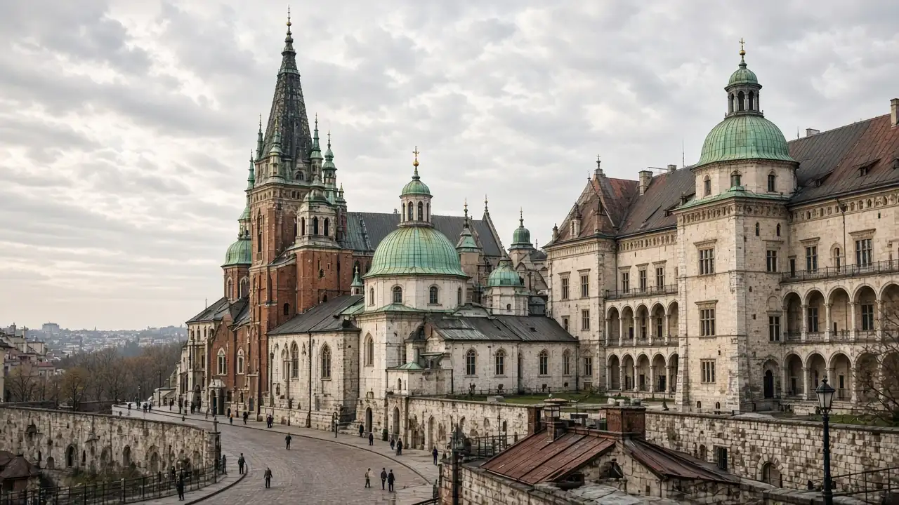 KI-Illustration: Wawel-Kathedrale und Schloss in Krakau mit unterschiedlichen Türmen und Kupferkuppeln aus einer Hofperspektive