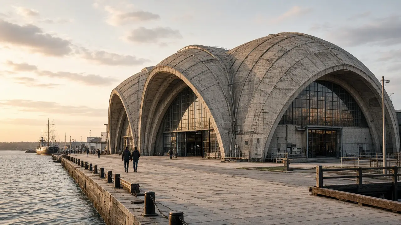 AI illustration: Tallinn Seaplane Harbour concrete seaplane hangars by the waterfront, recognizable maritime museum architecture