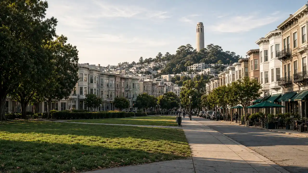 KI-Illustration: Coit Tower über North Beach in San Francisco