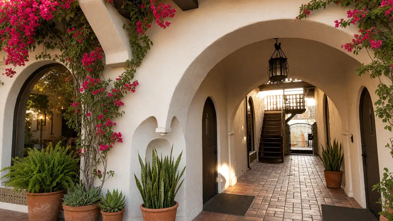 KI-Illustration: Durchgang zum La-Rambla-Innenhof in Carmel