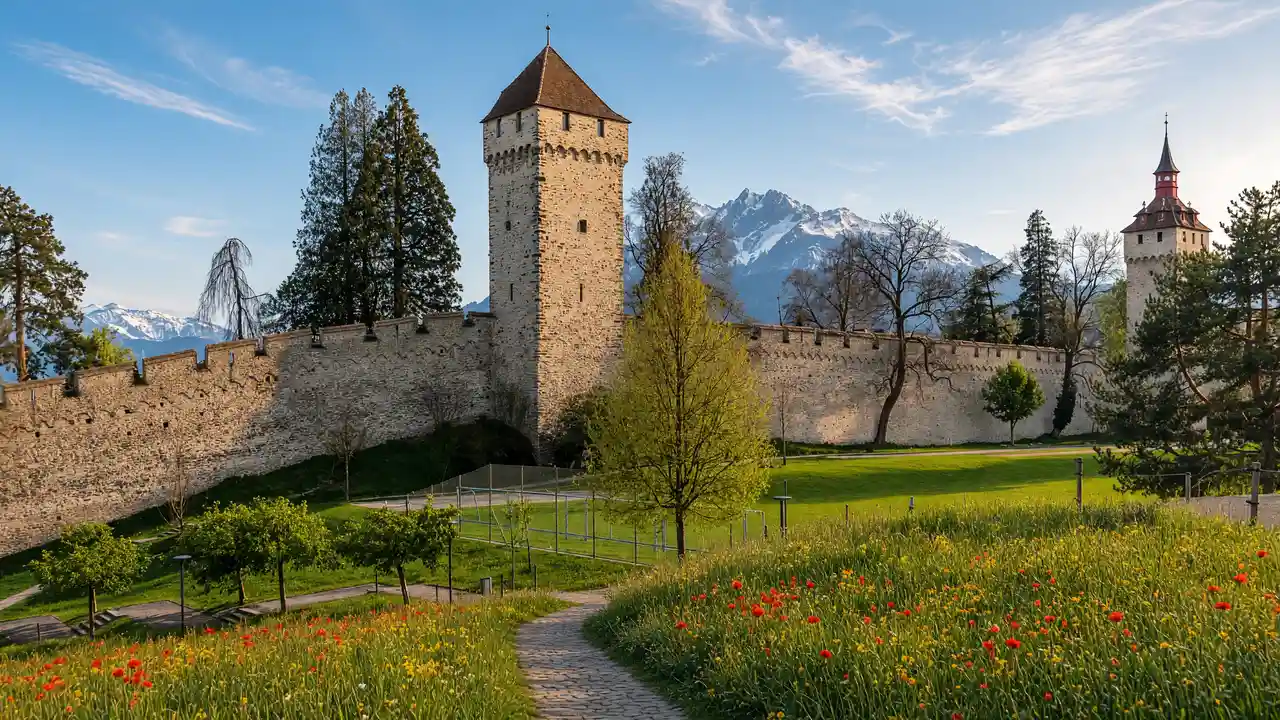 KI-Illustration: Museggmauer mit Türmen in Luzern