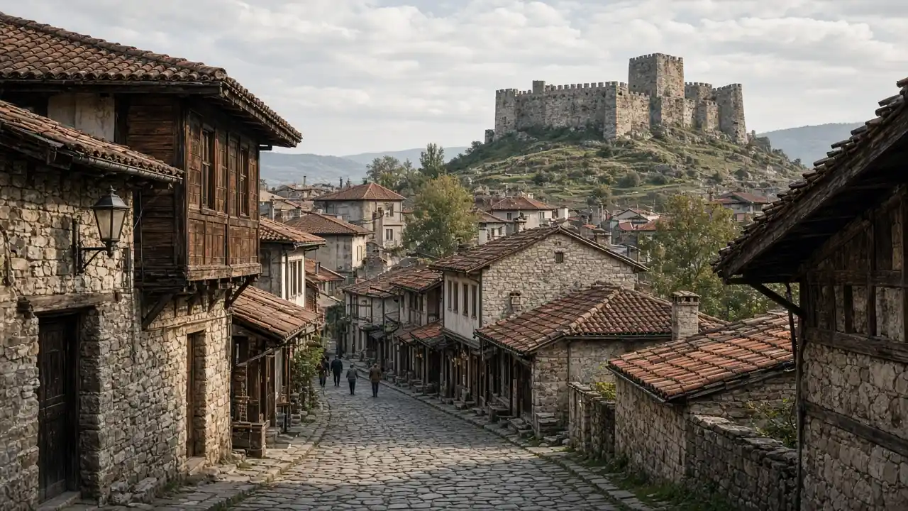 KI-Illustration: Kopfsteingassen und Ziegeldächer im Alten Basar von Skopje