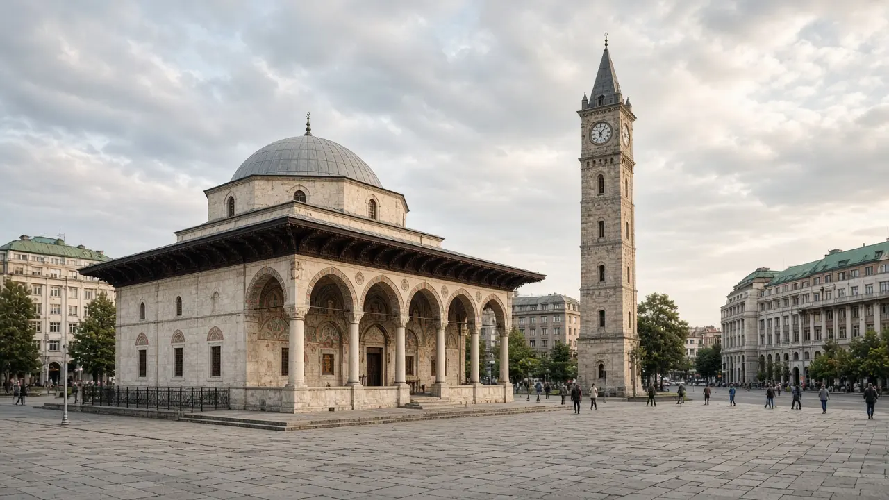 KI-Illustration: Et’hem-Bey-Moschee und Uhrturm auf Tiranas zentralem Platz