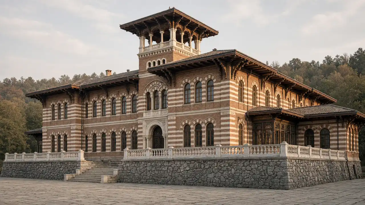KI-Illustration: Gestreifte Fassade des Romanow-Palasts in Likani