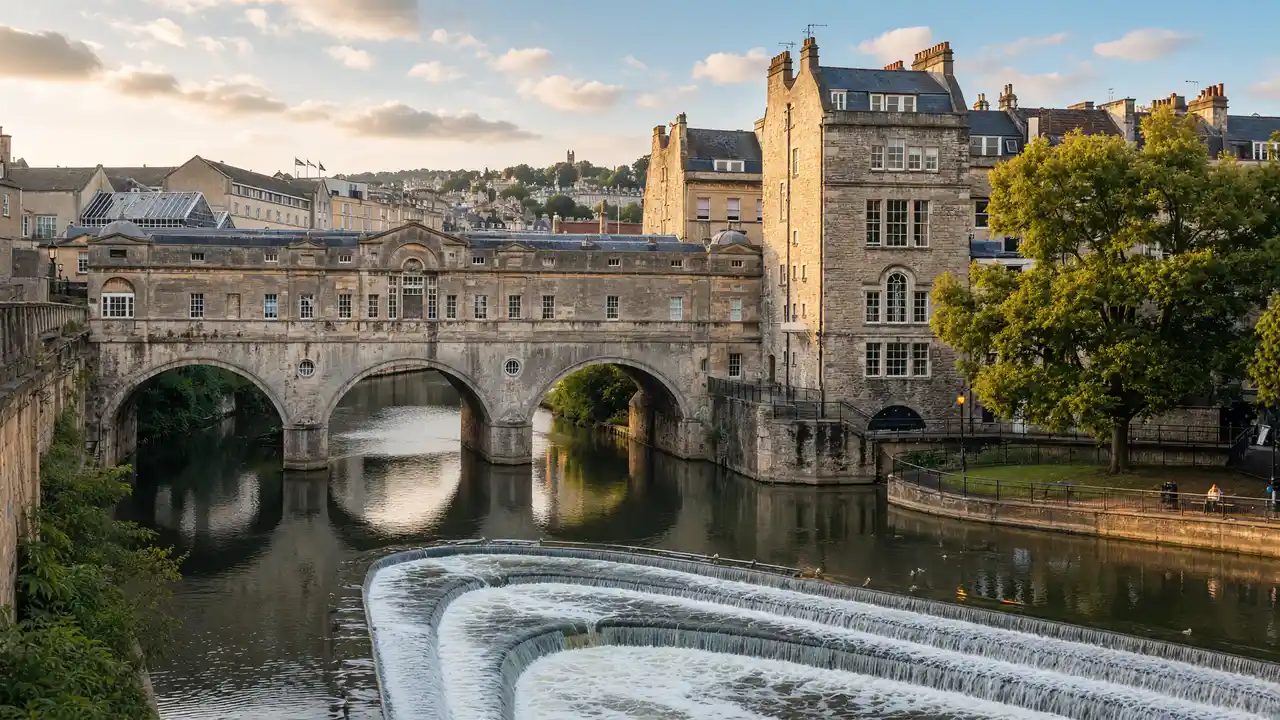 KI-Illustration: Pulteney Bridge über dem Wehr in Bath