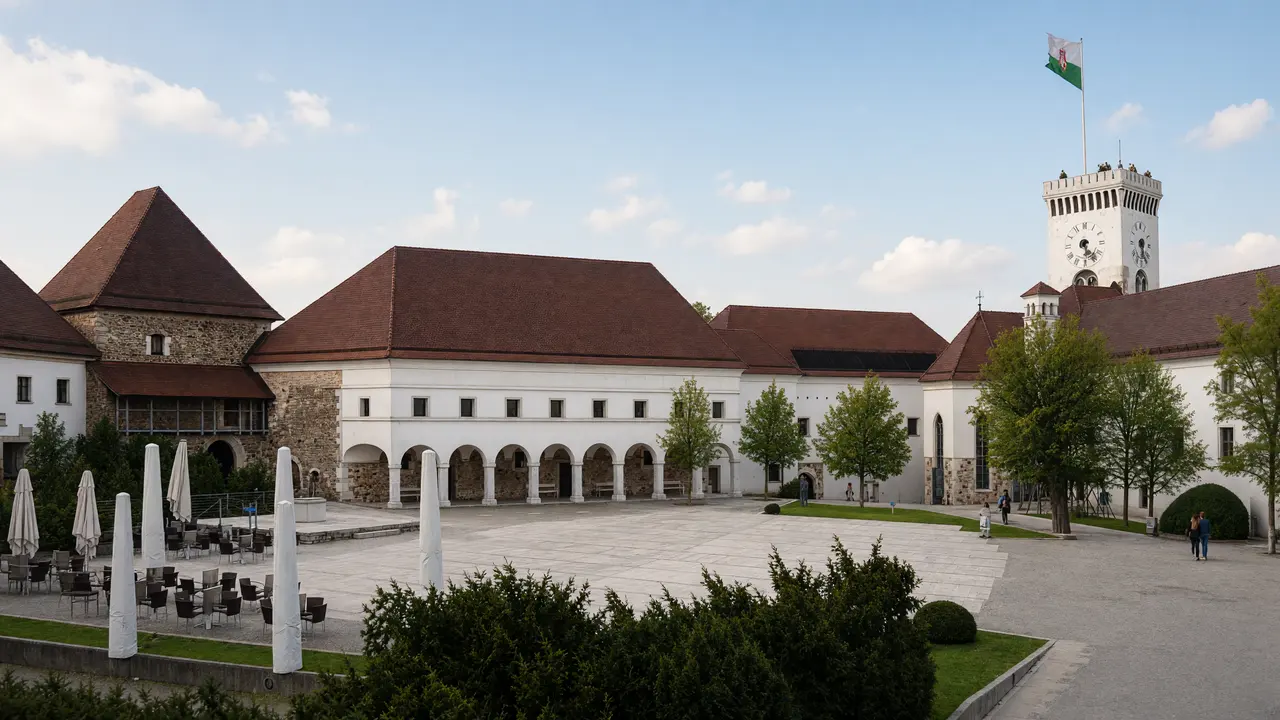 KI-Illustration: Innenhof der Burg Ljubljana mit markantem weißem Aussichtsturm und roten Ziegeldächern