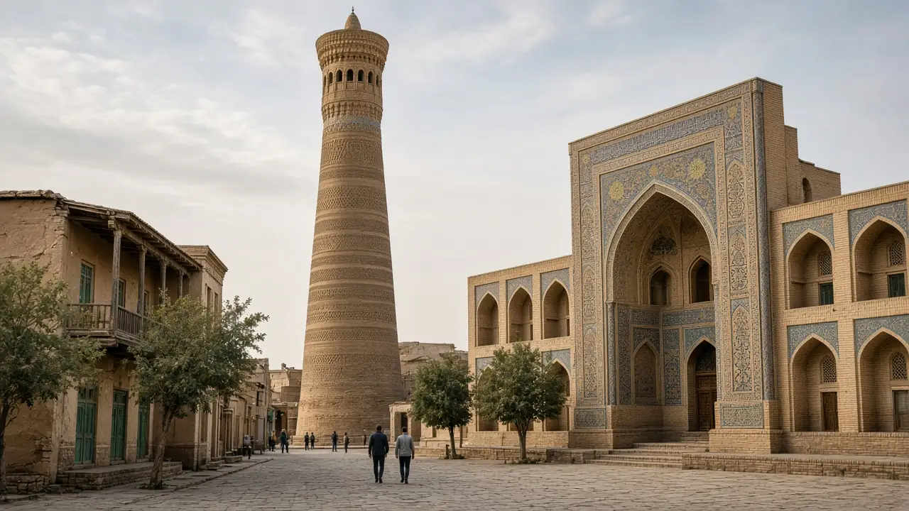 KI-Illustration: Kalon-Minarett und Medresenarchitektur von Poi Kalon in Buchara