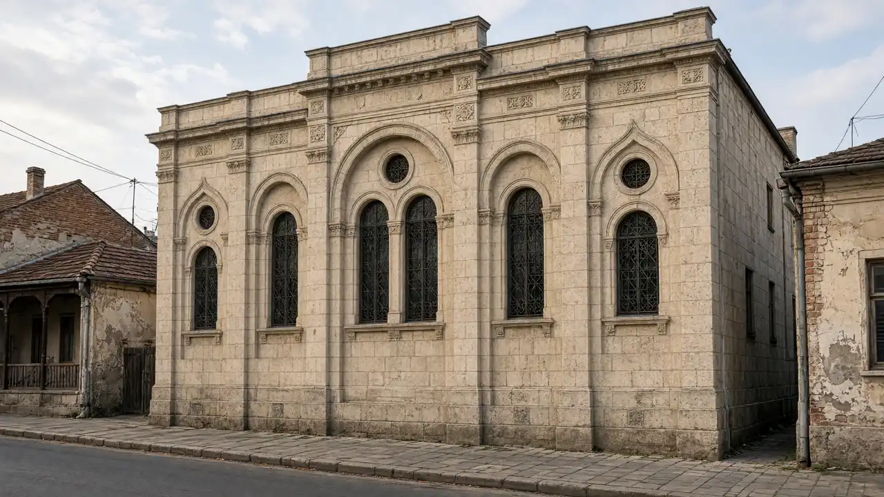 KI-Illustration: Straßenfassade der Großen Synagoge von Kutaissi