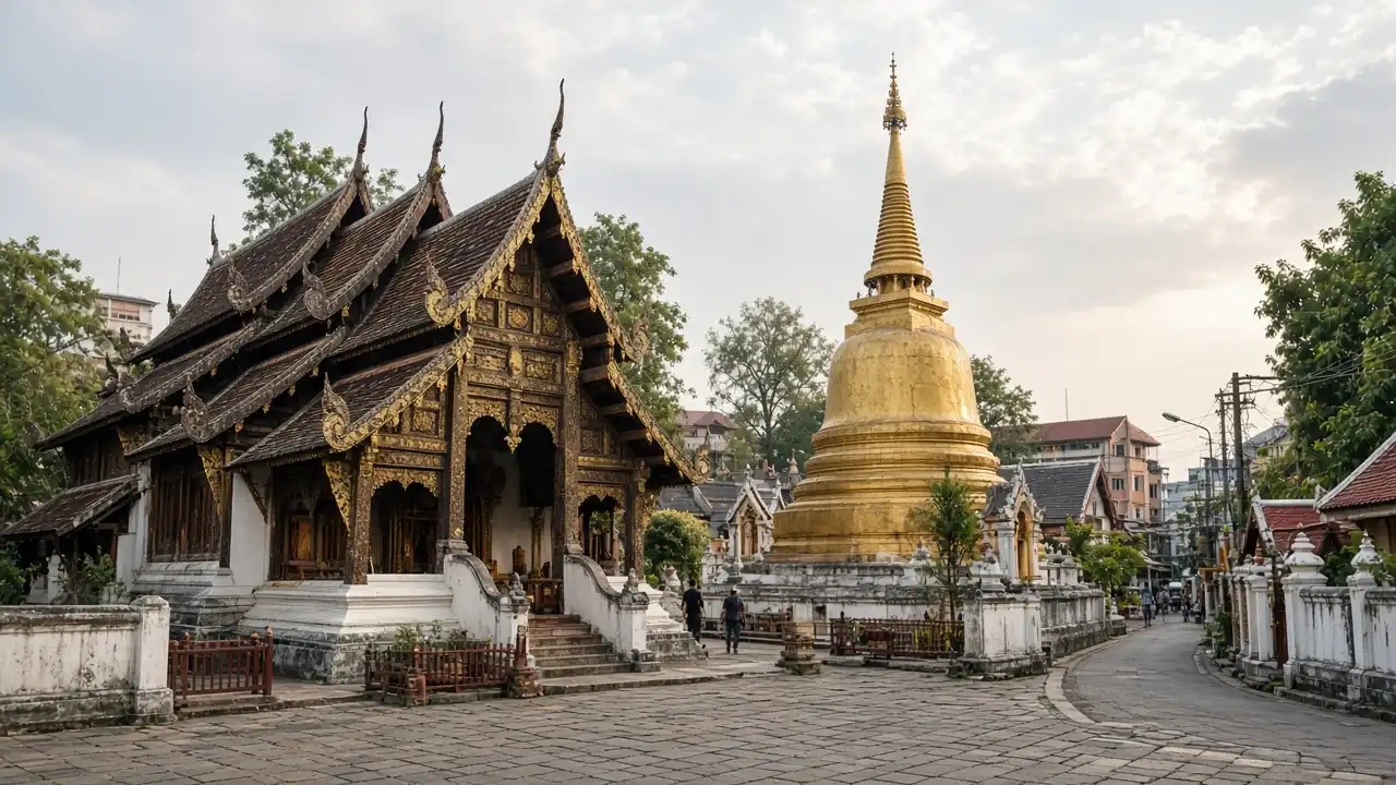 KI-Illustration: Reiches Lanna-Tempeldach und goldener Chedi des Wat Phra Singh in Chiang Mai innerhalb der realen städtischen Tempelanlage